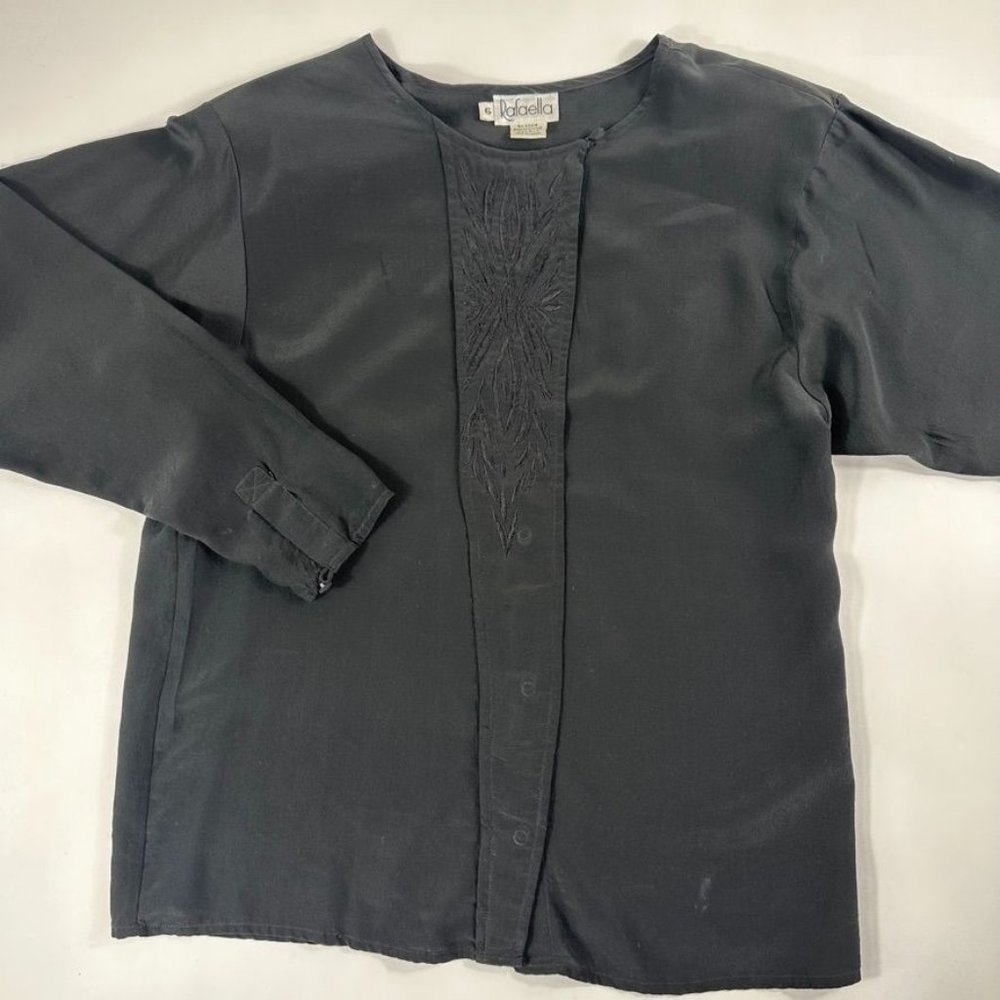 Rafaella Womens Vintage Silk Top Sz 6 Long sleeve Button Closure Embroidered